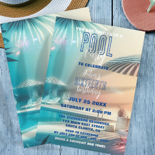 Pastel Zonsondergang Tropisch Zwembad Feest 16e Ve Kaart