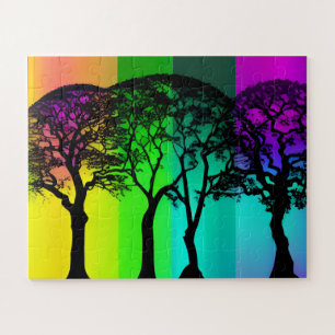 Pastelachtergrond met zwarte boom silhouetten legpuzzel