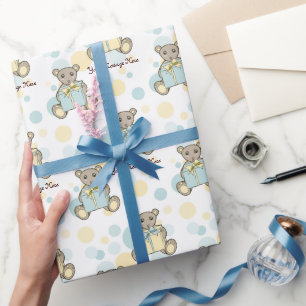 Pastelblauw en geel knuffelbeer cadeaupapier