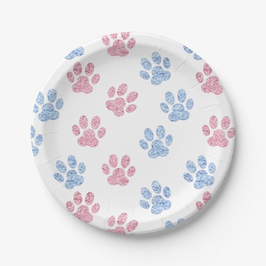pastelblauw en roze faux glitter paw afdrukken  papieren bordje (Voorkant)