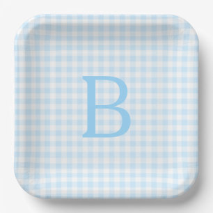 Pastelblauw en wit geruit monogram papieren bordje