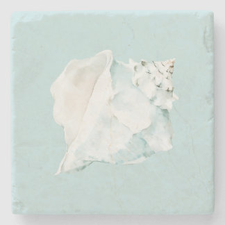 Pastelblauw en witte waterverf schelp stenen onderzetter