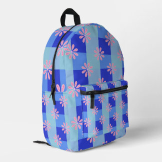 Pastelblauw geruit bloempatroon bedrukte rugzak