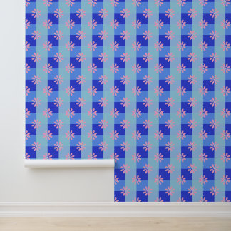 Pastelblauw geruit bloempatroon behang
