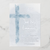 pastelblauw Heilig Kruis Eerste Communie Folie Uitnodiging (Voorkant)