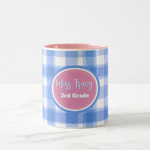 Pastelblauw & roze geruite aangepaste tweekleurige koffiemok