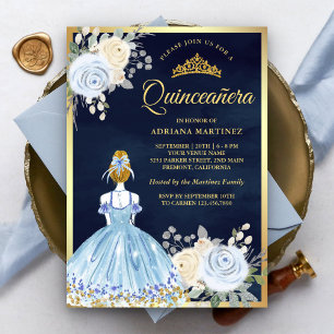 Pastelblauwe bloemenjurk marinegoud Quinceanera Kaart