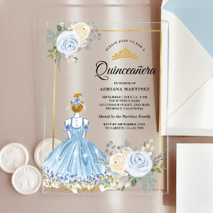Pastelblauwe bloemenjurk prinses goud Quinceanera Acryl Uitnodigingen