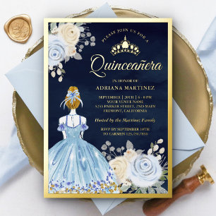 Pastelblauwe bloemetjesjurk marineblauw Quinceaner Folie Uitnodiging