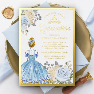 Pastelblauwe bloemetjesjurk prinses Quinceanera go Folie Uitnodiging