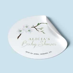Pastelblauwe bloemrijke elegante jongensbabyshower ronde sticker
