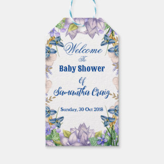 Pastelblauwe Bloesems Paarse Sering Bloemige Baby Cadeaulabel