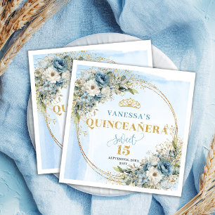 Pastelblauwe Boho Bloemengoud Glitter 15e Verjaard Servet