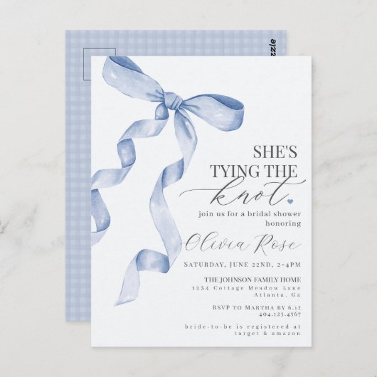 Pastelblauwe Coquette Boog Bruidsfeest Uitnodiging (Voorkant / Achterkant)