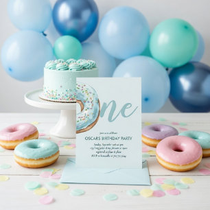 Pastelblauwe Donut 1e Verjaardag Zoete  Kaart