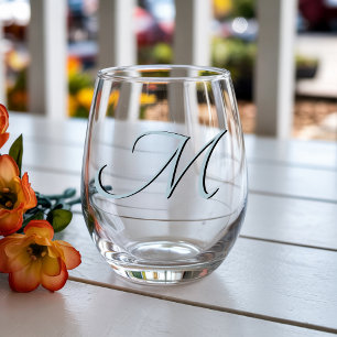 Pastelblauwe Elegante Monogram Initiaal Letter Wijnglas Zonder Voet