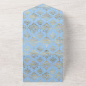 Pastelblauwe en gouden bloemachtige All In One tro All In One Uitnodiging (Buitenkant)