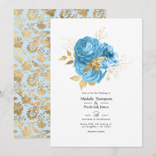 Pastelblauwe en gouden bloemen bruiloft kaart