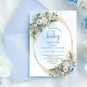 Pastelblauwe Eucalyptus Bloemengoud Baby Shower Kaart