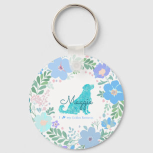 Pastelblauwe Gouden Retriever Bloemige Foto & Naam Sleutelhanger