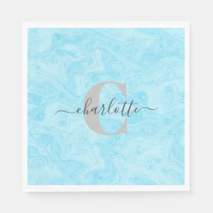 Pastelblauwe marmeren douane monogram naam servet