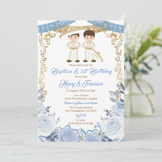 Pastelblauwe Mexicaanse Tweeling Doop en 1e Verjaa Kaart (Staand voorkant)