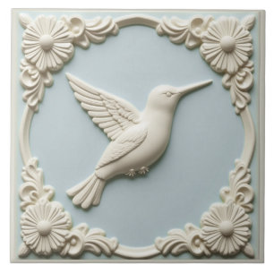 Pastelblauwe namaak reliëf Art Nouveau Kolibrie Tegeltje