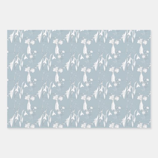 Pastelblauwe vaas met bloemen en bloesems inpakpapier vel (Voorkant)