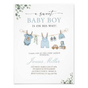 Pastelblauwe waslijn baby jongen shower uitnodigin foto afdruk