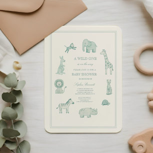 Pastelblauwe Waterverf Safari Dieren Baby Shower Kaart
