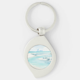 pastelblauwe waterverf strand golven naam bewerkba sleutelhanger