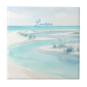 pastelblauwe waterverf strand golven naam bewerkba tegeltje