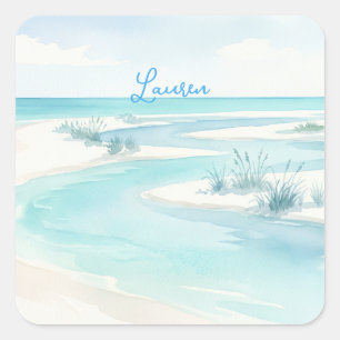 pastelblauwe waterverf strand golven naam bewerkba vierkante sticker