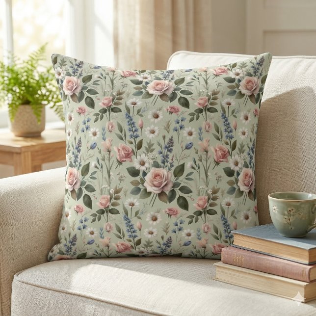  pastelbloem botanisch patroon kussen (Vintage Pastel Floral Botanical Pattern Throw Pillow Mockup A)