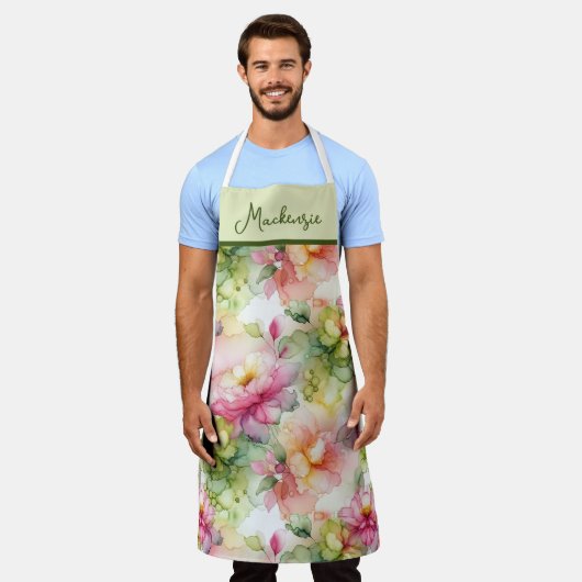 Pastelbloemen Alcohol Inkt Illustratie Groen Schort (Gedragen)