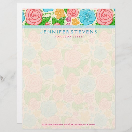 Pastelbloemen en -Rozen in roze blauw en beige Persoonlijk Briefhoofd (Voorkant / Achterkant)