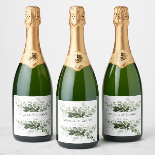 Pastelgroen Eucalyptus gebladerte Elegantie bruilo Sparkling Wijnetiket (Flessen)