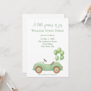 Pastelgroene auto & ballon verjaardagsuitnodiging kaart