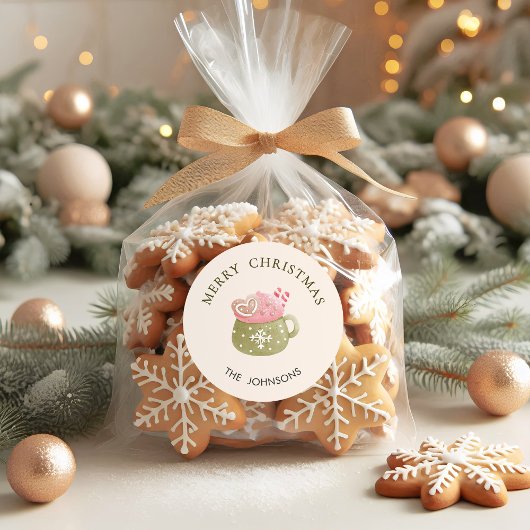 Pastelgroene Cacaobeker Prettig Kerstfeest Ronde Sticker