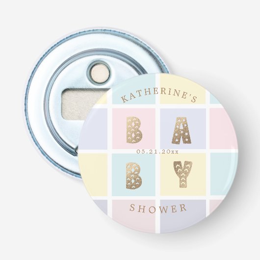 pastelkleurblok gouden baby shower button flesopener (Voorkant)