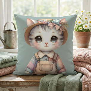 Pastelkleurig Cottagecore Kat in Overall & Strohoe Kussen