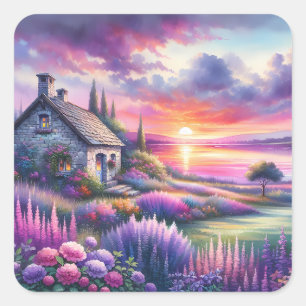 Pastelkleurig Zonsondergang Cottage Meerzijde Tuin Vierkante Sticker