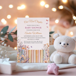 Pastelkleurige bloemenboek thema baby shower kaart