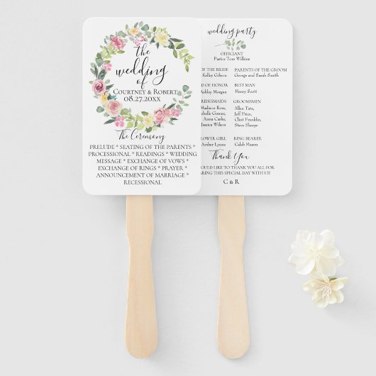 Pastelkleurige bloemenkrans trouwprogramma ventila handwaaier (Voorkant en achterkant)
