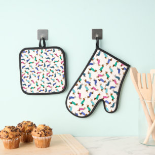 Pastelkleurige Dachshonden Ovenwant & Pannenlap Set