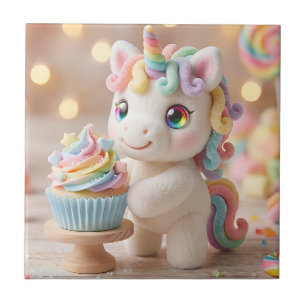 Pastelkleurige Eenhoorn met Regenboog Cupcake Tegeltje