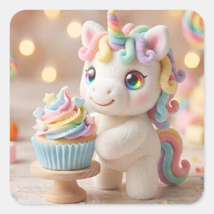 Pastelkleurige Eenhoorn met Regenboog Cupcake Vierkante Sticker