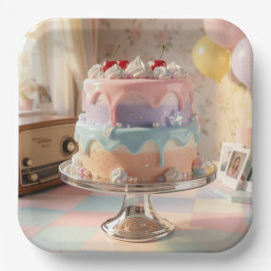Pastelkleurige glazen verjaardagstaart met kersen papieren bordje
