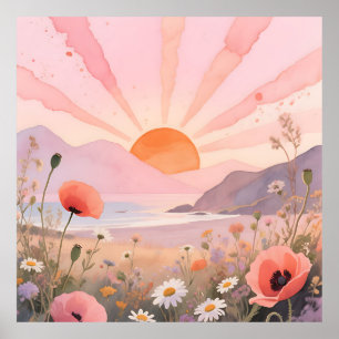 Pastelkleurige Zonsondergang Bloemenweide Poster