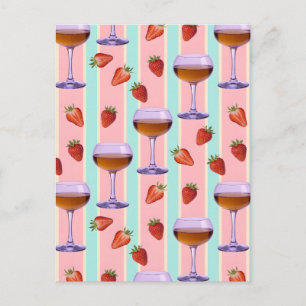 Pastelpatroon met wijnglazen en aardbeien feestdagenkaart